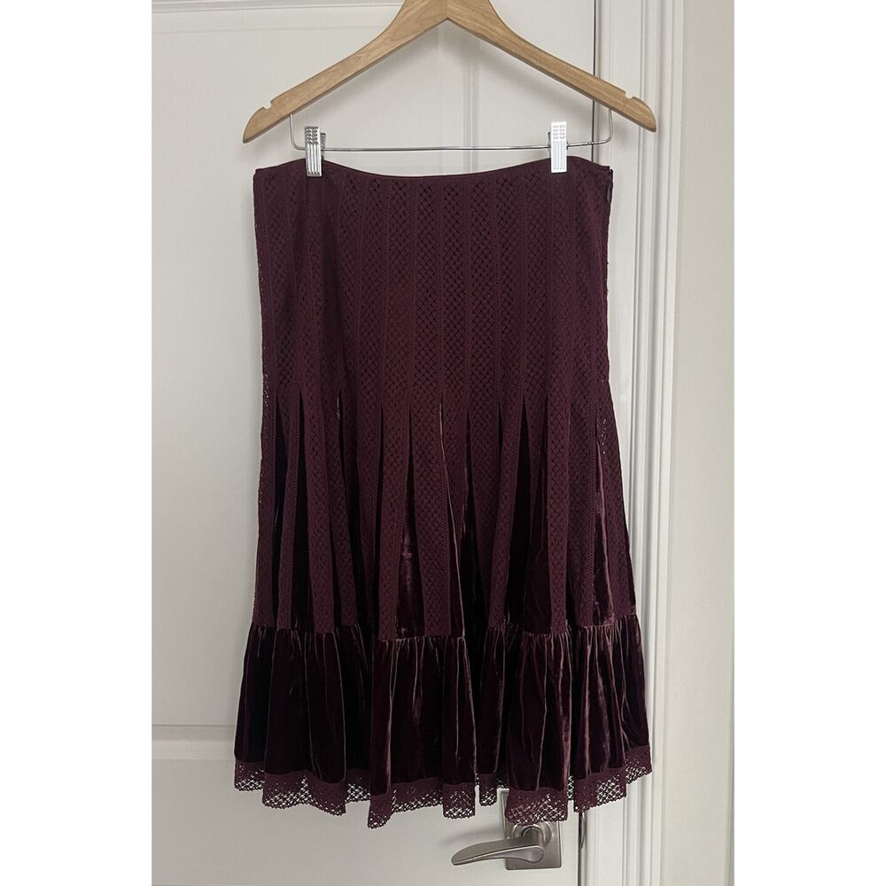 Free People Vintage Burgundy Tiered Velvet Lace Midi skirt Sz. 10 Boho